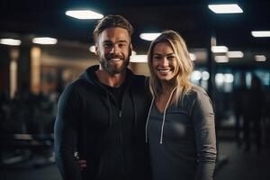 ai gerado retrato do uma sorridente casal ginástica homem e mulher dentro roupa de esporte em pé dentro Academia clube. fechar-se do atletas dentro a ginástica Centro. foto