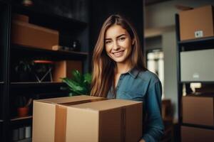 ai gerado feliz sorridente menina carregando cartão caixa com pertences, jovem mulher comovente para dormitório, Novo apartamento. foto