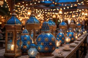 ai gerado jantar mesa com Ramadã vibrações decoração piedosos mês do Ramadã conceito profissional publicidade Comida fotografia foto