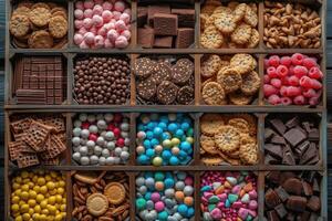 ai gerado uma ampla presente caixa preenchidas com uma variedade do chocolates e biscoitos profissional publicidade Comida fotografia foto