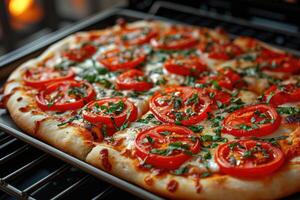 ai gerado Visão dentro a forno bandeja cozimento pizza profissional publicidade Comida fotografia foto