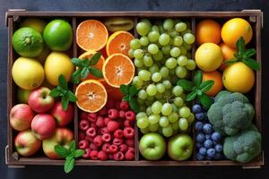 ai gerado fresco frutas presente caixa profissional publicidade Comida fotografia foto