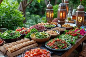 ai gerado jantar mesa com Ramadã vibrações decoração piedosos mês do Ramadã conceito profissional publicidade Comida fotografia foto