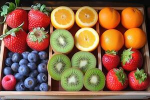 ai gerado fresco frutas presente caixa profissional publicidade Comida fotografia foto