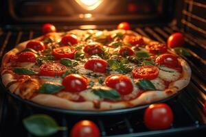 ai gerado Visão dentro a forno bandeja cozimento pizza profissional publicidade Comida fotografia foto