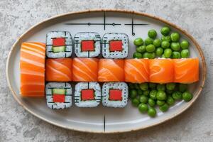 ai gerado uma prato do uma bem banhado cozinhou japonês prato em uma mesa topo profissional publicidade Comida fotografia foto