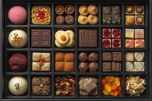 ai gerado uma ampla presente caixa preenchidas com uma variedade do chocolates e biscoitos profissional publicidade Comida fotografia foto