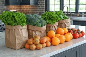 ai gerado fresco produzir e mercearia bolsas sentado em topo do uma bancada profissional publicidade Comida fotografia foto