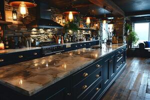 ai gerado moderno cozinha Projeto com de madeira pavimentos interior profissional publicidade fotografia foto