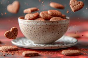 ai gerado coração chocolate biscoitos vôo dentro a ar profissional publicidade Comida fotografia foto