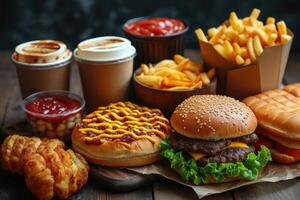 ai gerado rua cardápio velozes Comida em a mesa profissional publicidade Comida fotografia foto