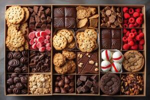 ai gerado uma ampla presente caixa preenchidas com uma variedade do chocolates e biscoitos profissional publicidade Comida fotografia foto