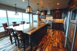 ai gerado moderno cozinha Projeto com de madeira pavimentos interior profissional publicidade fotografia foto
