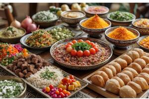 ai gerado serve vários refeição para iftar Ramadã publicidade Comida fotografia foto