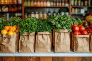 ai gerado fresco produzir e mercearia bolsas sentado em topo do uma bancada profissional publicidade Comida fotografia foto