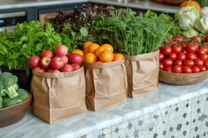 ai gerado fresco produzir e mercearia bolsas sentado em topo do uma bancada profissional publicidade Comida fotografia foto