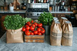 ai gerado fresco produzir e mercearia bolsas sentado em topo do uma bancada profissional publicidade Comida fotografia foto