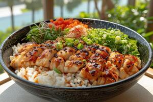 ai gerado uma prato do uma bem banhado cozinhou japonês prato em uma mesa topo profissional publicidade Comida fotografia foto