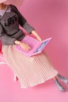boneca com computador portátil dentro cadeira em Rosa fundo. trabalhando às lar, freelance criativo conceito. foto