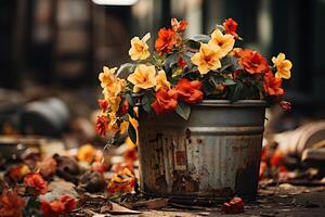 ai gerado uma canteiro de flores com amarelo flores dentro a velho ferro balde dentro a parque. gerado de artificial inteligência foto