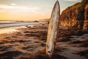 ai gerado velho prancha de surfe dentro a areia em a de praia perto a mar aceno. gerado de artificial inteligência foto