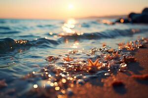ai gerado mar água salpicos perto a costa dentro a raios do pôr do sol. gerado de artificial inteligência foto