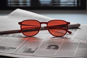 ai gerado óculos com vermelho lentes mentira em topo do a jornal. gerado de artificial inteligência foto