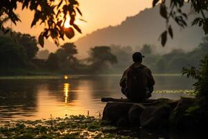 ai gerado uma homem admira natureza perto uma lagoa dentro a floresta. uma homem é dentro harmonia com natureza. gerado de artificial inteligência foto