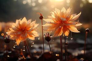 ai gerado silhuetas do flores contra a fundo do natureza, inundado com luz solar. generativo ai foto