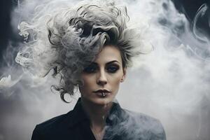 ai gerado retrato do uma mulher com uma cigarro dentro nuvens do tabaco fumaça. gerado de artificial inteligência foto