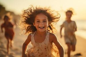 ai gerado fofa pequeno menina tendo Diversão dentro salpicos do água em a de praia. crianças jogos. gerado de artificial inteligência foto