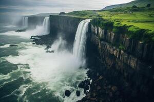 ai gerado topo Visão do uma ampla lindo cascata dentro a pedras. gerado de artificial inteligência foto