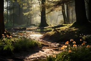 ai gerado lindo panorama do Primavera floresta com flores dentro a luz solar. natural fundo. gerado de artificial inteligência foto