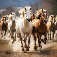 ai gerado uma rebanho do cavalos galope ao longo uma país estrada. gerado de artificial inteligência foto