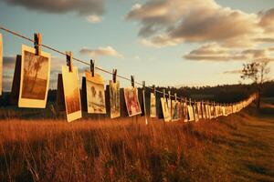 ai gerado vintage fotos secagem em uma varal de roupas dentro uma campo. gerado de artificial inteligência