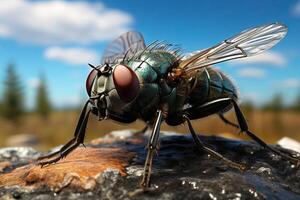 ai gerado macro foto do uma mosca em uma pedra. gerado de artificial inteligência