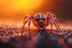 ai gerado naturezas drama aranha rasteja em uma orvalhado rede às pôr do sol foto