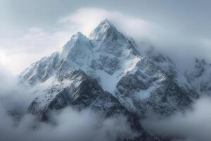 ai gerado majestoso Nevado montanha pico emoldurado de nuvens dentro uma sereno panorama foto