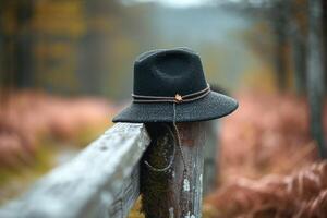 ai gerado Preto chapéu empoleirado elegantemente em uma clássico de madeira cerca postar foto