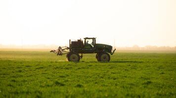 trator em a pôr do sol fundo. trator com Alto rodas é fazer fertilizante em jovem trigo. foto