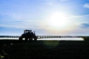 trator com a Socorro do uma pulverizador sprays líquido fertilizantes em jovem trigo dentro a campo. foto