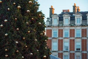 Londres festivo Natal árvore adornado com brilhante dourado bugigangas, Reino Unido foto