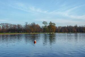 experiência outonal serenidade de uma Londres lago, com laranja bóia e árvores foto