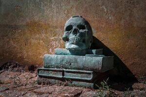 vintage pedra crânio escultura em repouso em livros, dentro Helsingborg. foto