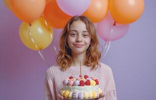 ai gerado uma menina é segurando uma aniversário bolo e balões, dentro a estilo do roxa e laranja. foto