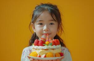 ai gerado uma pequeno menina segurando acima uma aniversário bolo em uma amarelo fundo. foto