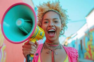 ai gerado Loiras mulher gritando com megafone. foto