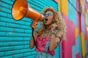 ai gerado Loiras mulher gritando com megafone. foto