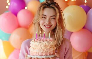ai gerado feliz jovem mulher segurando aniversário bolo com colorida balões. foto