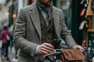 ai gerado masculino ciclista sentado ao ar livre e segurando Smartphone. foto